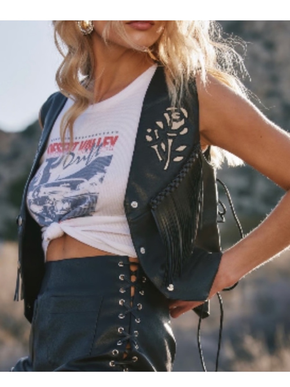 12th Tribe Black Faux Leather Crop Vest with Fringe and Cutout Rose